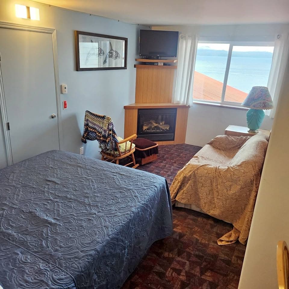 Room 212, 1 bedroom oceanfront queen room at The Oceanfront Hotel, Sointula